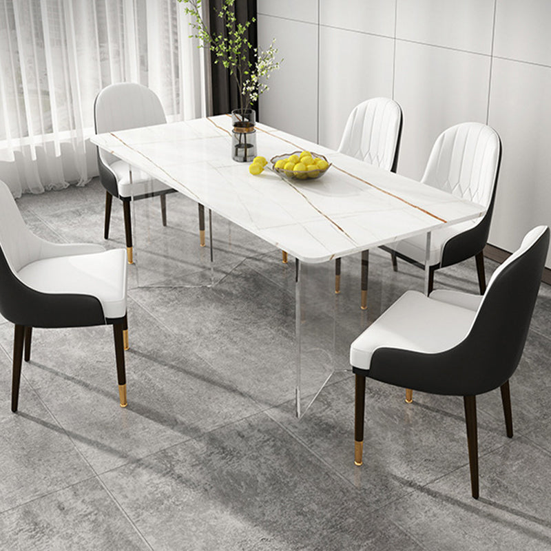 Stone Top Dining Table Contemporary Rectangle Dining Table with Double Pedestal Base White-Gold Without Chairs Clearhalo ' dining_table' 'Dining Tables & Seating' 'Dining Tables' 'furn' 'furn_dining_table' 'Furniture' 'furniture_dining_table' 'Kitchen & Dining Furniture' 'kitchen&dining_furn' 'kitchen' 'kitchen_dining_table' 4621760