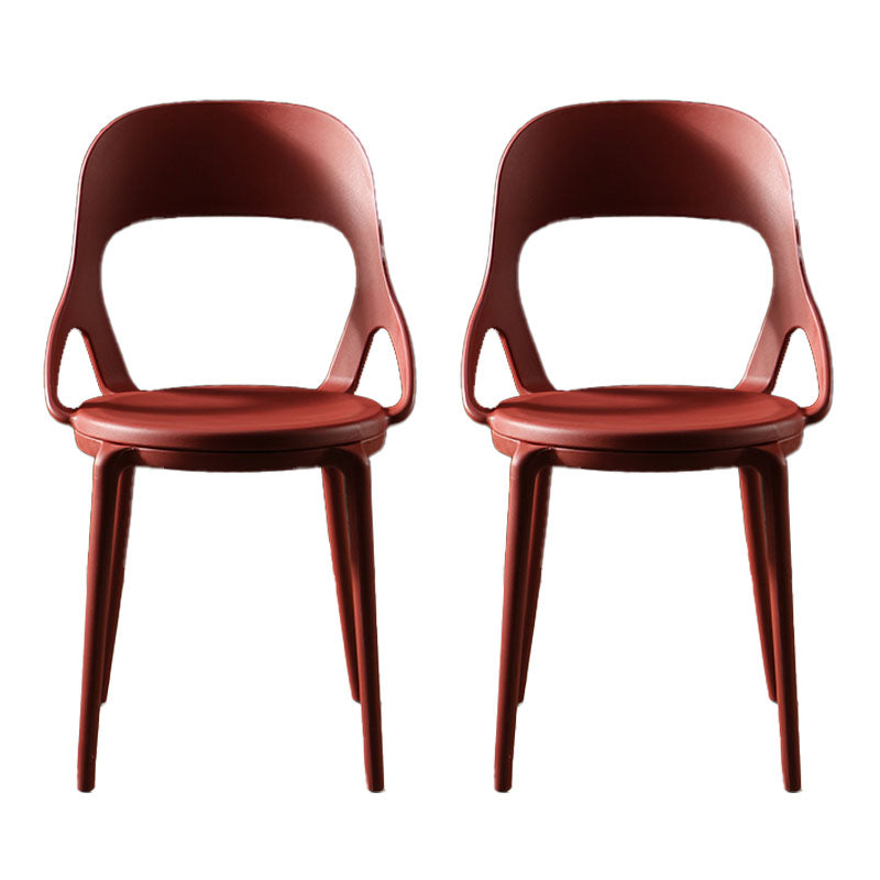 Scandinavian Open Back Armless Dining Chairs Plastic Side Chair Red 2 Piece Set Clearhalo ' kitchen&dining_furn' 'Dining Chairs' 'Dining Tables & Seating' 'dining_chair' 'furn' 'furn_dining_chair' 'Furniture' 'furniture_dining_chair' 'Kitchen & Dining Furniture' 'kitchen' 4621887