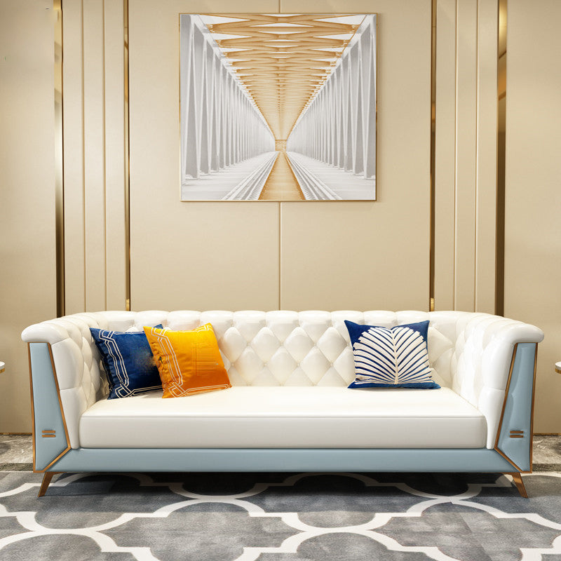 Glam Pillow Top Arm Chesterfield Sofa 33.46"H Tufted Split-Back Sofa with Hair Pin Legs White-Blue Faux Leather Clearhalo 'furn' 'furn_sofas' 'Furniture' 'furniture_sofas' 'kitchen' 'kitchen_sofas' 'Living Room Furniture' 'Sofa' 'sofas' 4625103