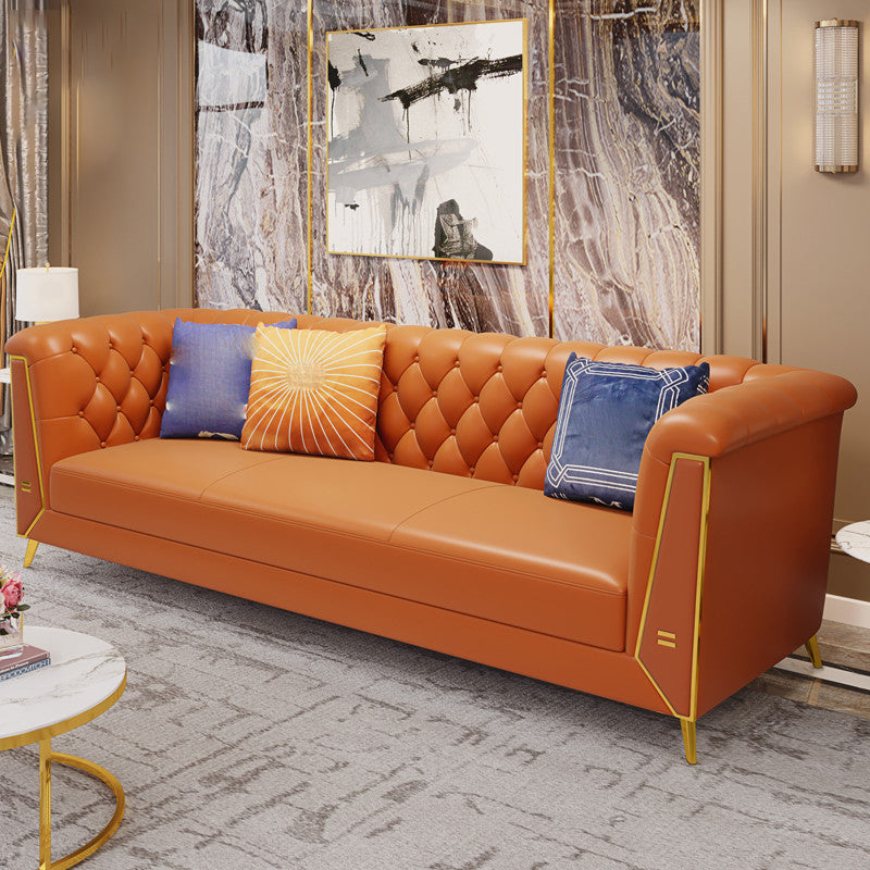 Glam Pillow Top Arm Chesterfield Sofa 33.46"H Tufted Split-Back Sofa with Hair Pin Legs Orange Faux Leather Clearhalo 'furn' 'furn_sofas' 'Furniture' 'furniture_sofas' 'kitchen' 'kitchen_sofas' 'Living Room Furniture' 'Sofa' 'sofas' 4625107