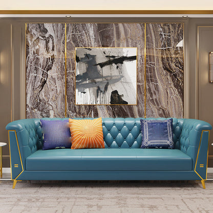 Glam Pillow Top Arm Chesterfield Sofa 33.46"H Tufted Split-Back Sofa with Hair Pin Legs Lake Blue Faux Leather Clearhalo 'furn' 'furn_sofas' 'Furniture' 'furniture_sofas' 'kitchen' 'kitchen_sofas' 'Living Room Furniture' 'Sofa' 'sofas' 4625109