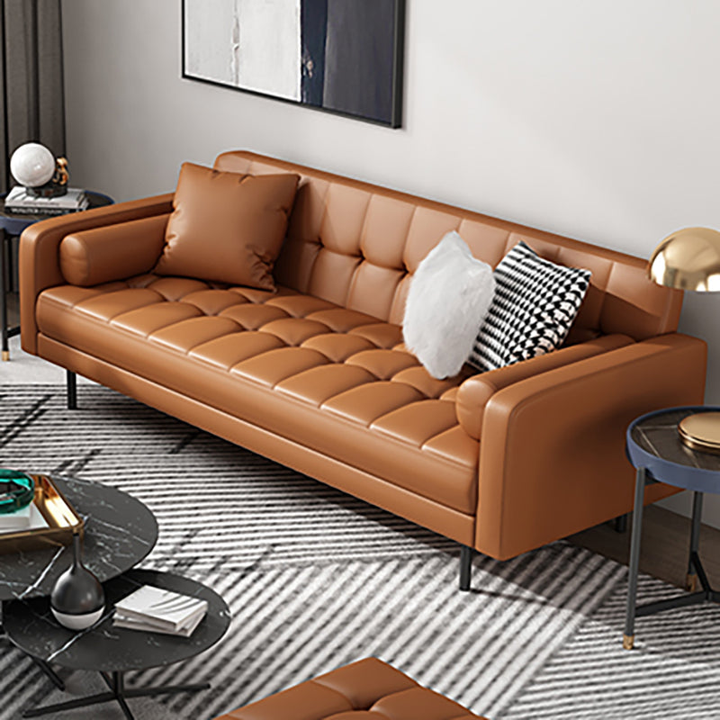 Faux Leather Biscuit Back Sofa 31.49" H Modernism Square Arm Sofa 87"L x 32"W x 31.5"H Brown Clearhalo 'furn' 'furn_sofas' 'Furniture' 'furniture_sofas' 'kitchen' 'kitchen_sofas' 'Living Room Furniture' 'Sofa' 'sofas' 4625545