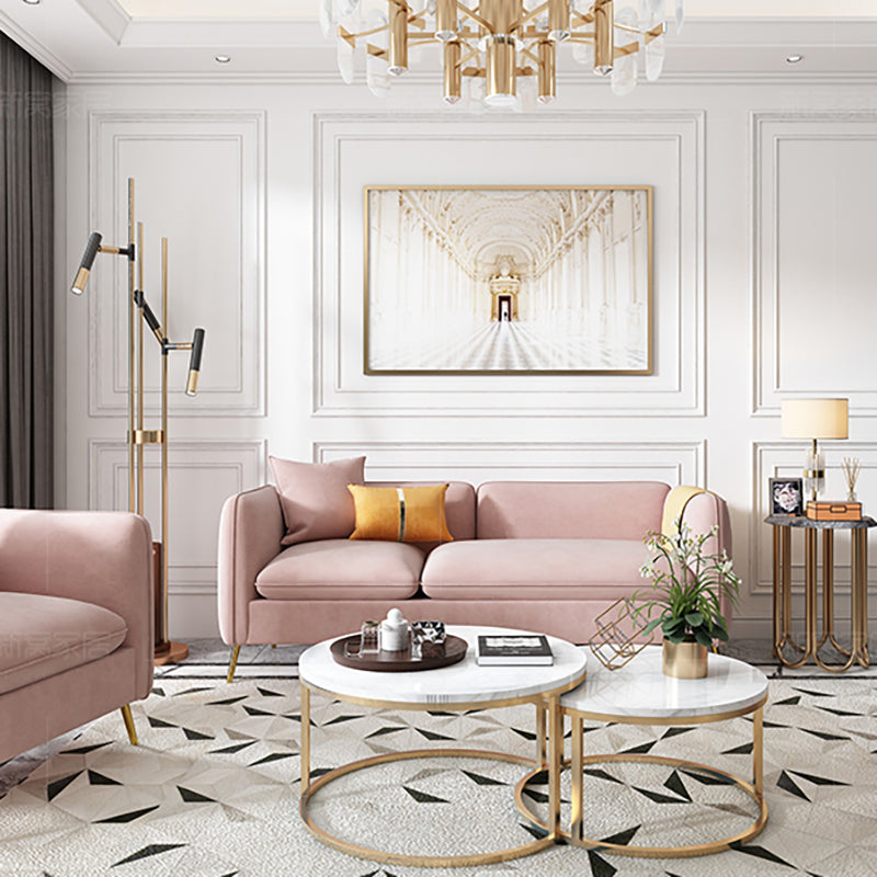 with 2 Pillows Tuxedo Arm Sofa 30.3" D X 26.38" H Velvet Cushions Sofa 71''L x30"W x 26"H Pink Clearhalo 'furn' 'furn_sofas' 'Furniture' 'furniture_sofas' 'kitchen' 'kitchen_sofas' 'Living Room Furniture' 'Sofa' 'sofas' 4625824