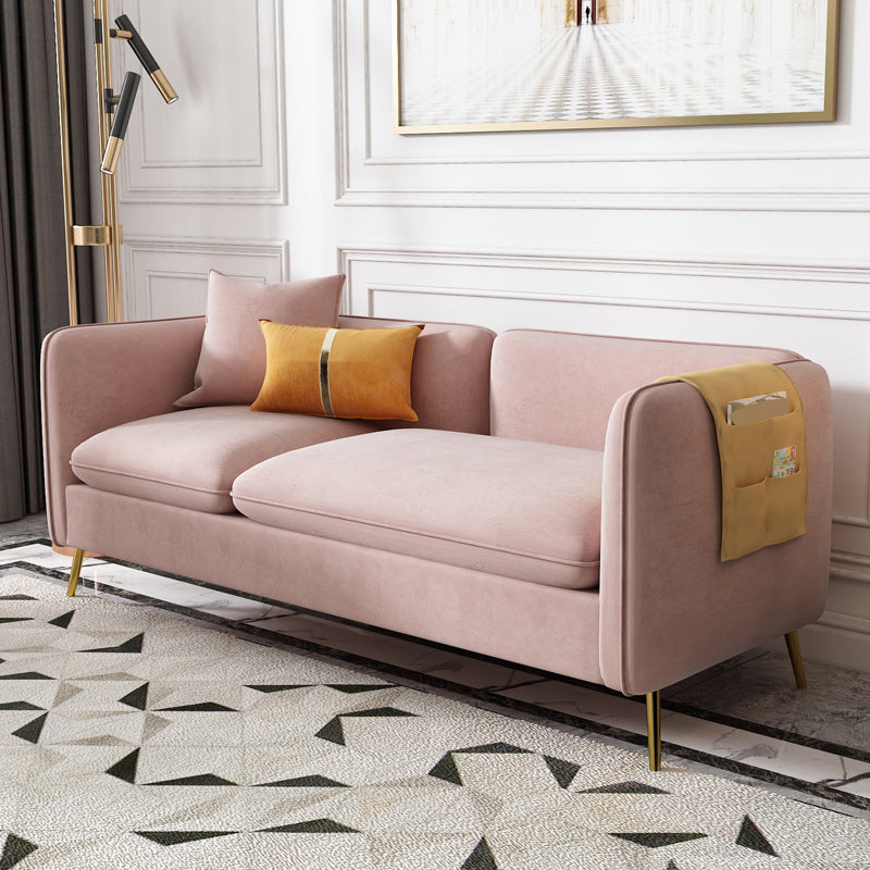 with 2 Pillows Tuxedo Arm Sofa 30.3" D X 26.38" H Velvet Cushions Sofa 85''L x30"W x 26"H Pink Clearhalo 'furn' 'furn_sofas' 'Furniture' 'furniture_sofas' 'kitchen' 'kitchen_sofas' 'Living Room Furniture' 'Sofa' 'sofas' 4625827