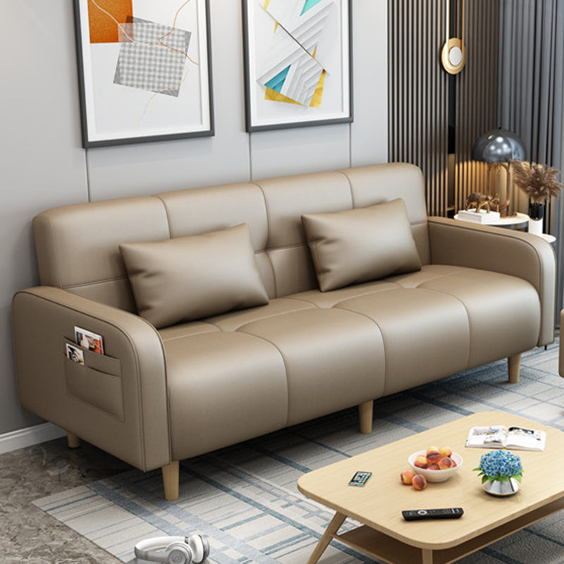 Modern Square Arm Standard Sofa Bed Dual Purpose Sofa with Bolster Pillows for Living Room Light Coffee Faux Leather Clearhalo 'furn' 'furn_sofas' 'Furniture' 'furniture_sofas' 'kitchen' 'kitchen_sofas' 'Living Room Furniture' 'Sofa' 'sofas' 4637776