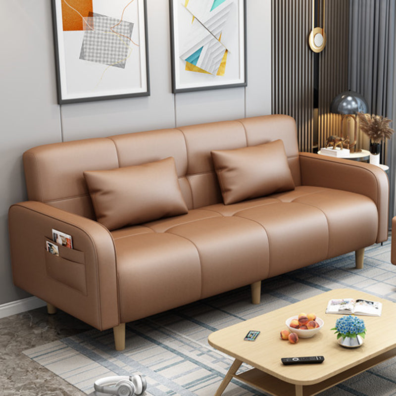Modern Square Arm Standard Sofa Bed Dual Purpose Sofa with Bolster Pillows for Living Room Orange Faux Leather Clearhalo 'furn' 'furn_sofas' 'Furniture' 'furniture_sofas' 'kitchen' 'kitchen_sofas' 'Living Room Furniture' 'Sofa' 'sofas' 4637788