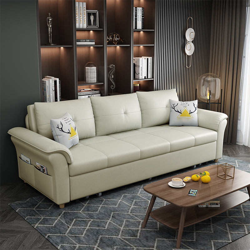 Square Arm Sofa with Loose Back Convertible Sleeper with Storage and Foldable Beige Faux Leather Clearhalo 'furn' 'furn_sofas' 'Furniture' 'furniture_sofas' 'kitchen' 'kitchen_sofas' 'Living Room Furniture' 'Sofa' 'sofas' 4637892