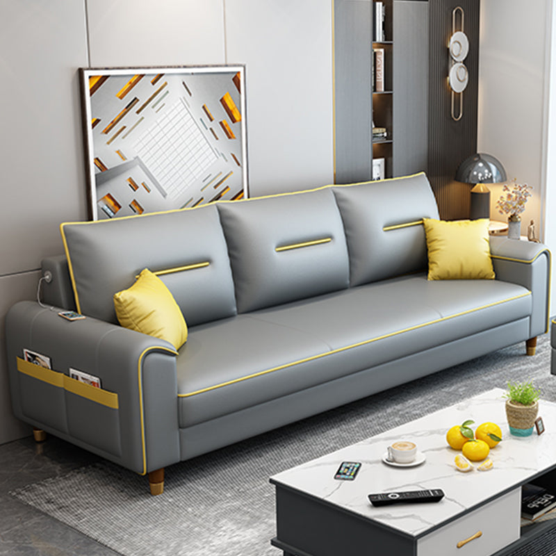 Nordic Leather Sofa with Bolster Pillows Single Cushion Seat Square Arm for Living Room Grey Clearhalo 'furn' 'furn_sofas' 'Furniture' 'furniture_sofas' 'kitchen' 'kitchen_sofas' 'Living Room Furniture' 'Sofa' 'sofas' 4638100