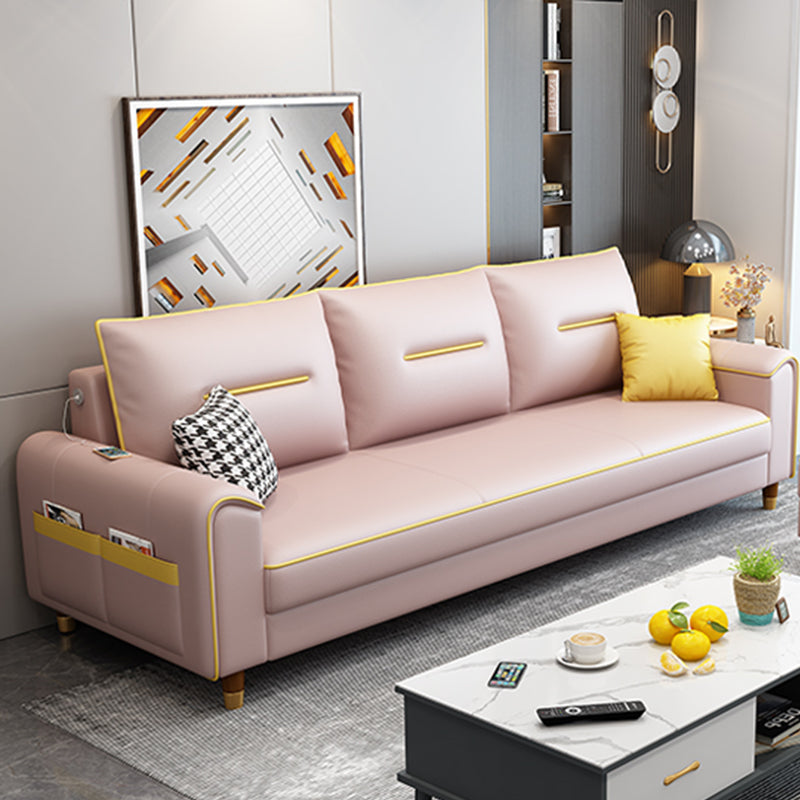 Nordic Leather Sofa with Bolster Pillows Single Cushion Seat Square Arm for Living Room Pink Clearhalo 'furn' 'furn_sofas' 'Furniture' 'furniture_sofas' 'kitchen' 'kitchen_sofas' 'Living Room Furniture' 'Sofa' 'sofas' 4638103
