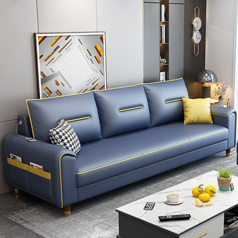 Nordic Leather Sofa with Bolster Pillows Single Cushion Seat Square Arm for Living Room Blue Clearhalo 'furn' 'furn_sofas' 'Furniture' 'furniture_sofas' 'kitchen' 'kitchen_sofas' 'Living Room Furniture' 'Sofa' 'sofas' 4638111