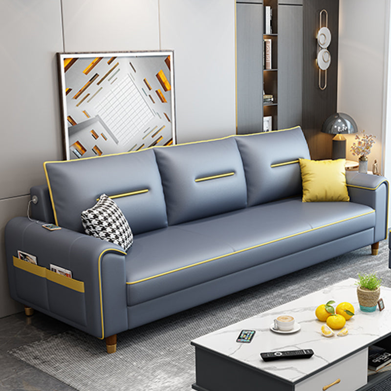 Nordic Leather Sofa with Bolster Pillows Single Cushion Seat Square Arm for Living Room Gray Blue Clearhalo 'furn' 'furn_sofas' 'Furniture' 'furniture_sofas' 'kitchen' 'kitchen_sofas' 'Living Room Furniture' 'Sofa' 'sofas' 4638114