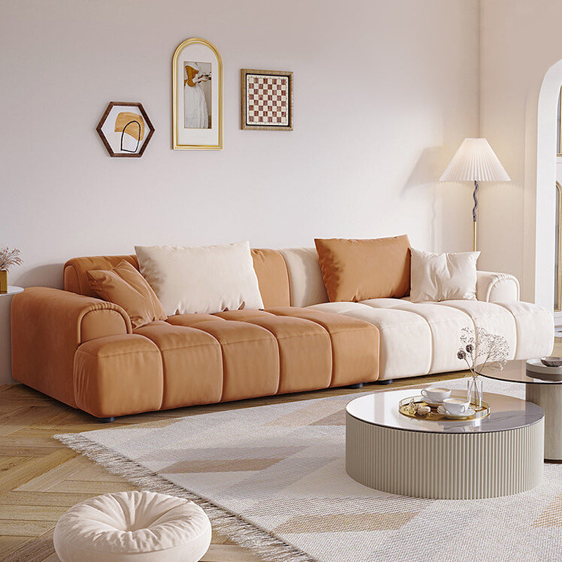 Velvet Modern Sofa 25.6"High Rolled Arm Sofa & Biscuit Back Sofa White-Brown Clearhalo 'furn' 'furn_sofas' 'Furniture' 'furniture_sofas' 'kitchen' 'kitchen_sofas' 'Living Room Furniture' 'Sofa' 'sofas' 4638219