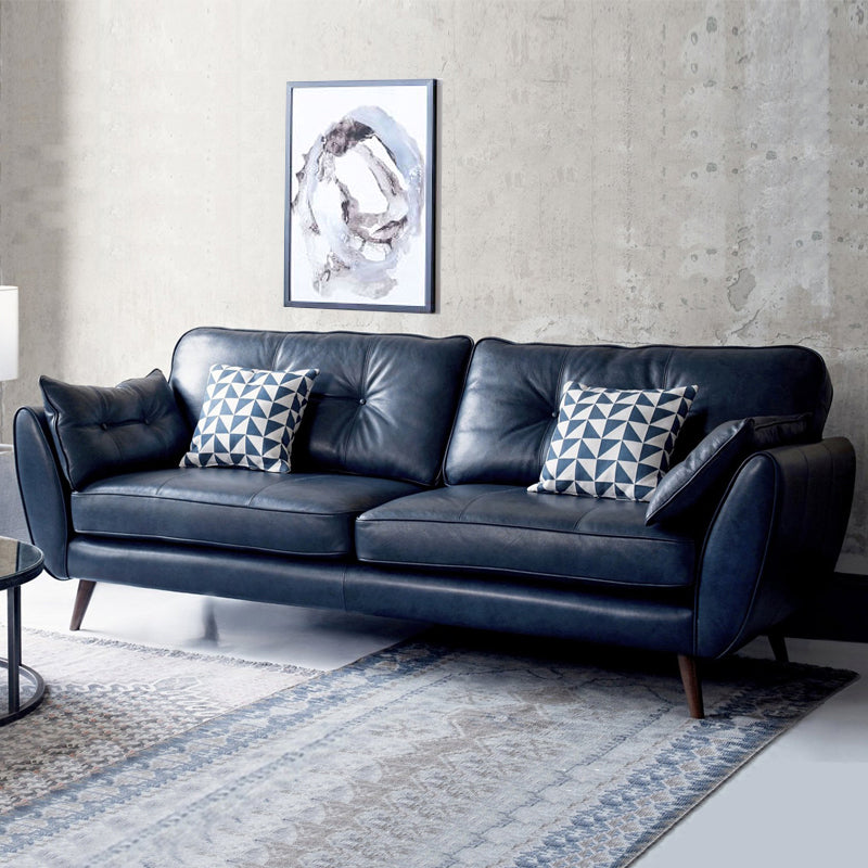 33.86" H Genuine Leather Flared Arm Sofa with Cushions for Living Room,Apartment Dark Blue Clearhalo 'furn' 'furn_sofas' 'Furniture' 'furniture_sofas' 'kitchen' 'kitchen_sofas' 'Living Room Furniture' 'Sofa' 'sofas' 4638330