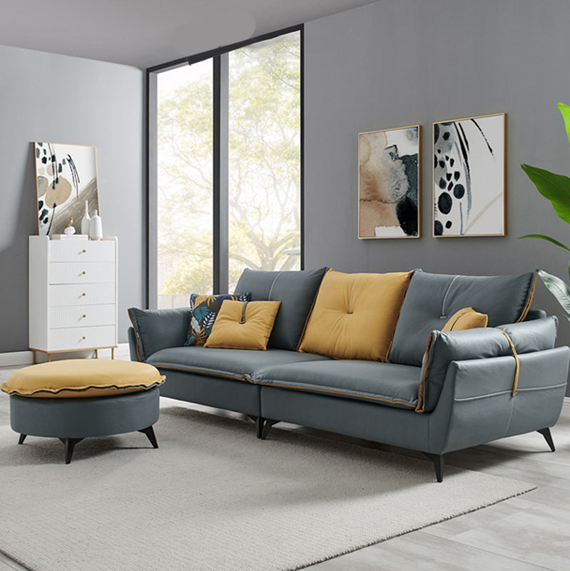 35" High Modern Faux Leather Flared Arm Standard Sofa with Cushions Stain Resistant 71"L x 35.5"W x 35.5"H Light Blue-Yellow Clearhalo 'furn' 'furn_sofas' 'Furniture' 'furniture_sofas' 'kitchen' 'kitchen_sofas' 'Living Room Furniture' 'Sofa' 'sofas' 4638378