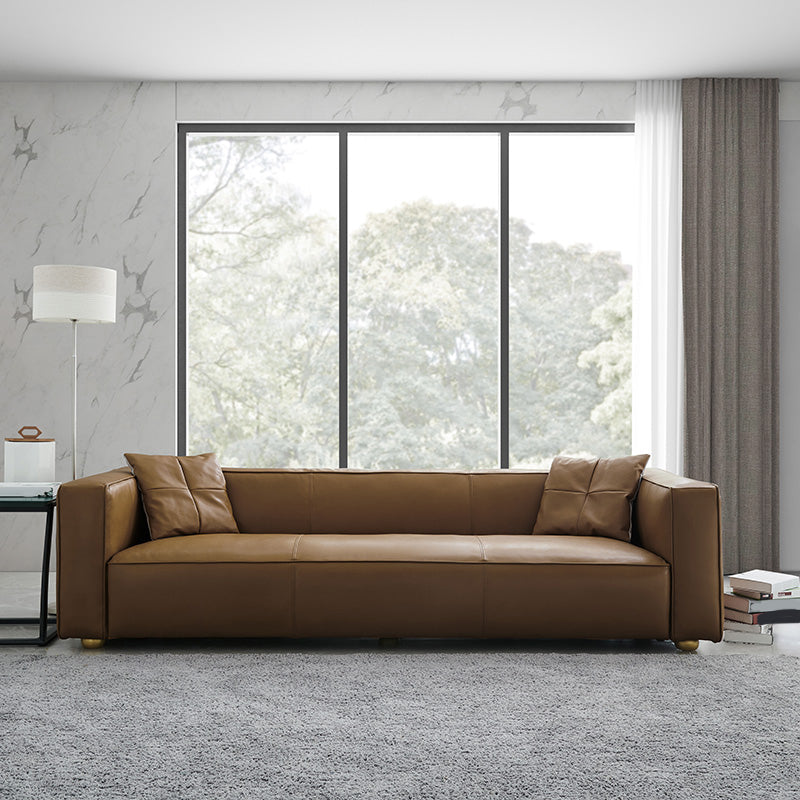 24.80"H Genuine Leather Square Arm Sofa with Tight Back for Living Room 91"L x 37"W x 26"H Brown Clearhalo 'furn' 'furn_sofas' 'Furniture' 'furniture_sofas' 'kitchen' 'kitchen_sofas' 'Living Room Furniture' 'Sofa' 'sofas' 4638408