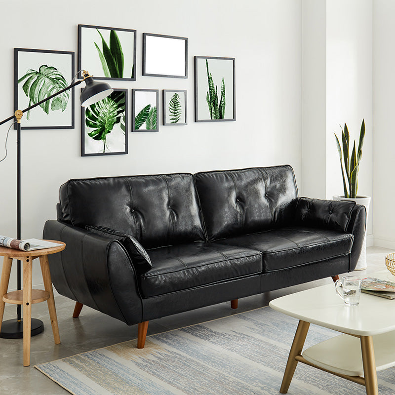 33.46" H Faux Leather Flared Arm Sofa with 2 Pillows Tufted Back Sofa Black Clearhalo 'furn' 'furn_sofas' 'Furniture' 'furniture_sofas' 'kitchen' 'kitchen_sofas' 'Living Room Furniture' 'Sofa' 'sofas' 4638628