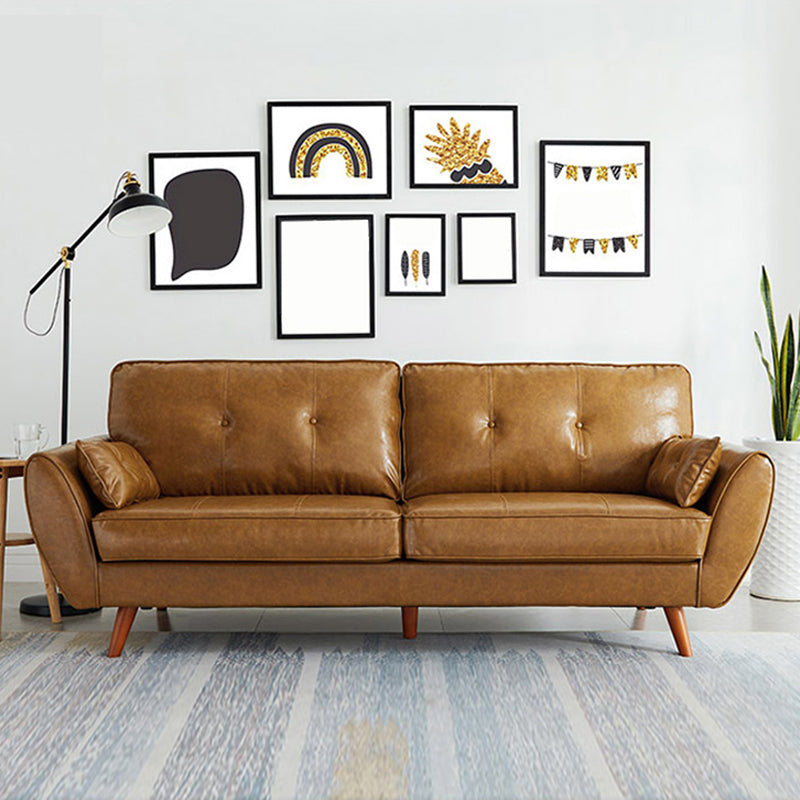 33.46" H Faux Leather Flared Arm Sofa with 2 Pillows Tufted Back Sofa Clearhalo 'furn' 'furn_sofas' 'Furniture' 'furniture_sofas' 'kitchen' 'kitchen_sofas' 'Living Room Furniture' 'Sofa' 'sofas' 4638629