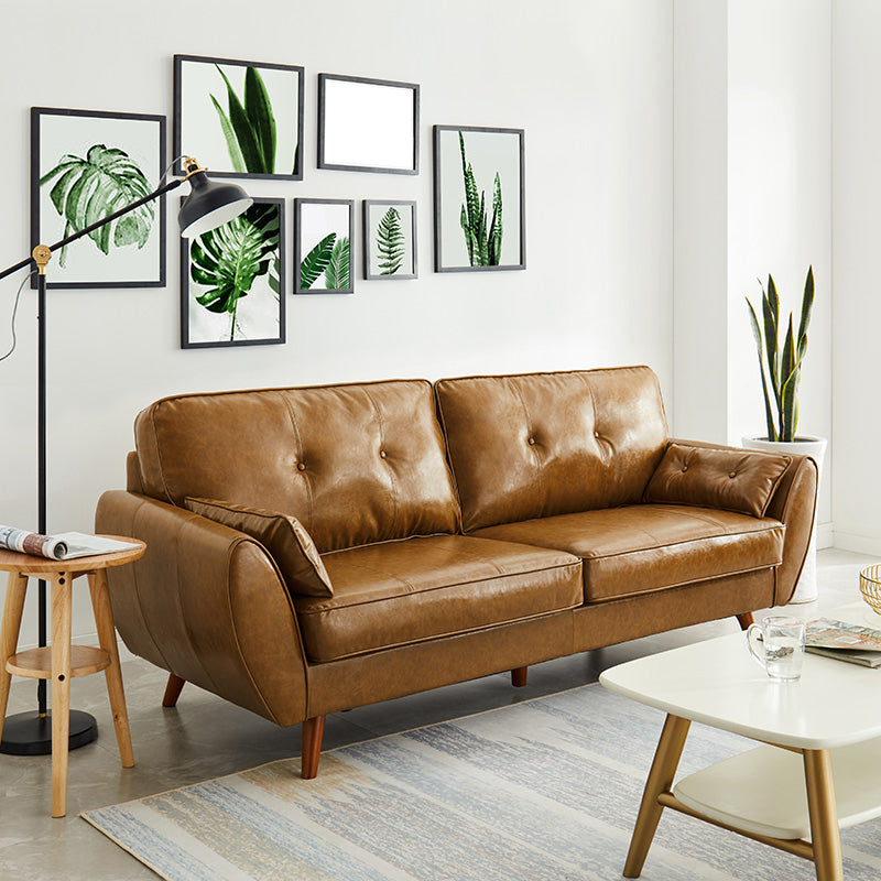 33.46" H Faux Leather Flared Arm Sofa with 2 Pillows Tufted Back Sofa Brown Clearhalo 'furn' 'furn_sofas' 'Furniture' 'furniture_sofas' 'kitchen' 'kitchen_sofas' 'Living Room Furniture' 'Sofa' 'sofas' 4638641
