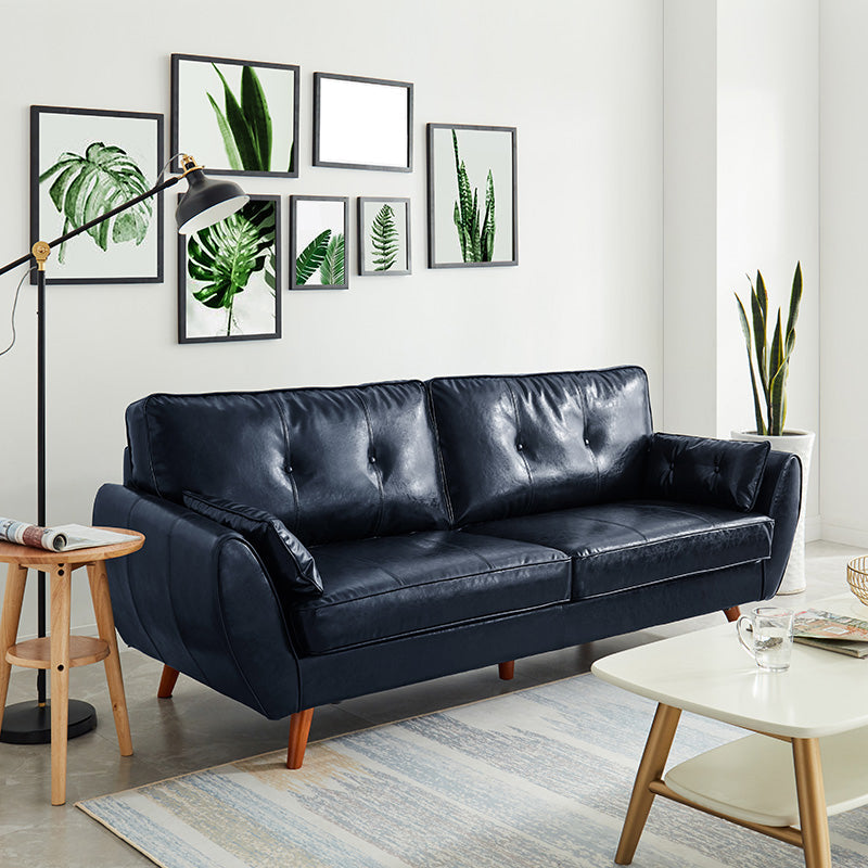 33.46" H Faux Leather Flared Arm Sofa with 2 Pillows Tufted Back Sofa Blue Clearhalo 'furn' 'furn_sofas' 'Furniture' 'furniture_sofas' 'kitchen' 'kitchen_sofas' 'Living Room Furniture' 'Sofa' 'sofas' 4638642