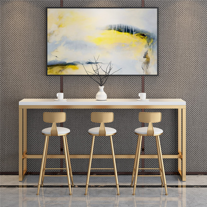 White Glam Style Bar Table in Gold Iron Top and Faux Marble Milk Tea Shop Bar Table 110.2"L x 15.7"W x 41.3"H Without Chairs Clearhalo 'Bar Furniture' 'Bar Tables' 'bar_tables' 'furn' 'furn_bar_tables' 'Furniture' 'furniture_bar_tables' 'Kitchen & Dining Furniture' 'kitchen&dining_furn' 'kitchen' 4638860
