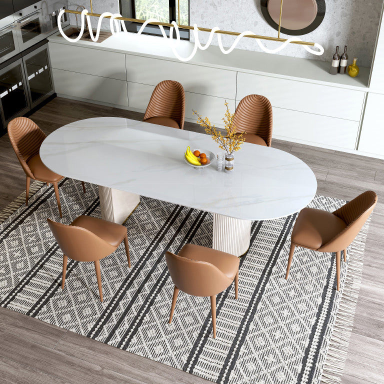 Oval Double Pedestal Glam Dining Table White Tone Fixed Table with Sintered Stone White 55.1"L x 31.5"W x 29.5"H Without Chairs Clearhalo ' dining_table' 'Dining Tables & Seating' 'Dining Tables' 'furn' 'furn_dining_table' 'Furniture' 'furniture_dining_table' 'Kitchen & Dining Furniture' 'kitchen&dining_furn' 'kitchen' 'kitchen_dining_table' 4640367