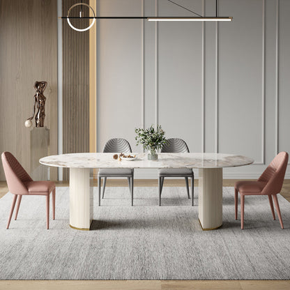 Oval Double Pedestal Glam Dining Table White Tone Fixed Table with Sintered Stone Brown 55.1"L x 31.5"W x 29.5"H Without Chairs Clearhalo ' dining_table' 'Dining Tables & Seating' 'Dining Tables' 'furn' 'furn_dining_table' 'Furniture' 'furniture_dining_table' 'Kitchen & Dining Furniture' 'kitchen&dining_furn' 'kitchen' 'kitchen_dining_table' 4640368