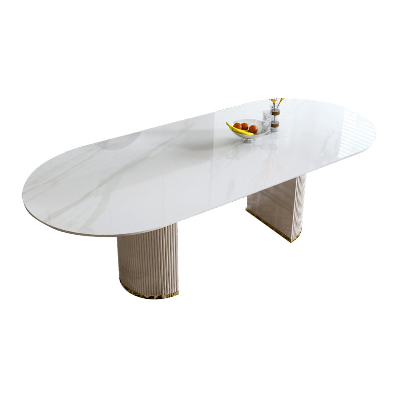 Oval Double Pedestal Glam Dining Table White Tone Fixed Table with Sintered Stone White Without Chairs Clearhalo ' dining_table' 'Dining Tables & Seating' 'Dining Tables' 'furn' 'furn_dining_table' 'Furniture' 'furniture_dining_table' 'Kitchen & Dining Furniture' 'kitchen&dining_furn' 'kitchen' 'kitchen_dining_table' 4640370