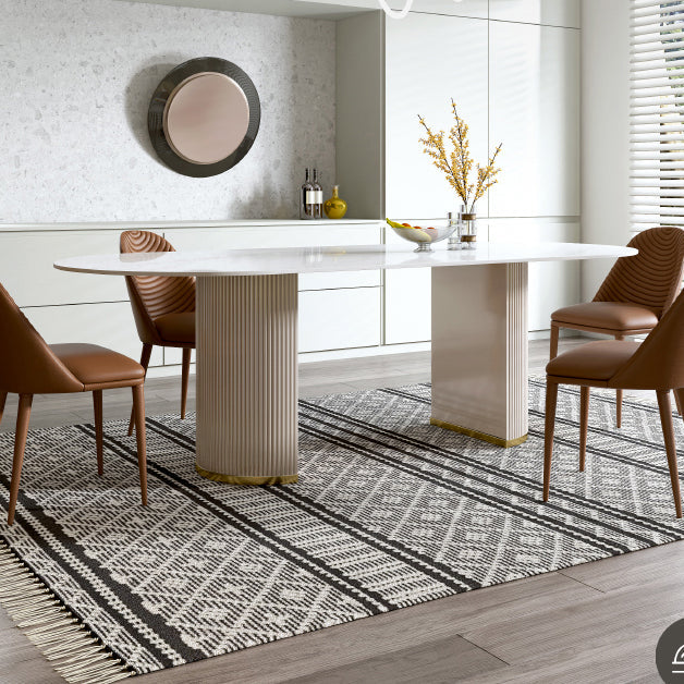 Oval Double Pedestal Glam Dining Table White Tone Fixed Table with Sintered Stone Clearhalo ' dining_table' 'Dining Tables & Seating' 'Dining Tables' 'furn' 'furn_dining_table' 'Furniture' 'furniture_dining_table' 'Kitchen & Dining Furniture' 'kitchen&dining_furn' 'kitchen' 'kitchen_dining_table' 4640375