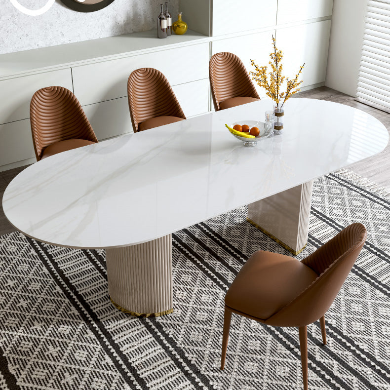 Oval Double Pedestal Glam Dining Table White Tone Fixed Table with Sintered Stone Clearhalo ' dining_table' 'Dining Tables & Seating' 'Dining Tables' 'furn' 'furn_dining_table' 'Furniture' 'furniture_dining_table' 'Kitchen & Dining Furniture' 'kitchen&dining_furn' 'kitchen' 'kitchen_dining_table' 4640378