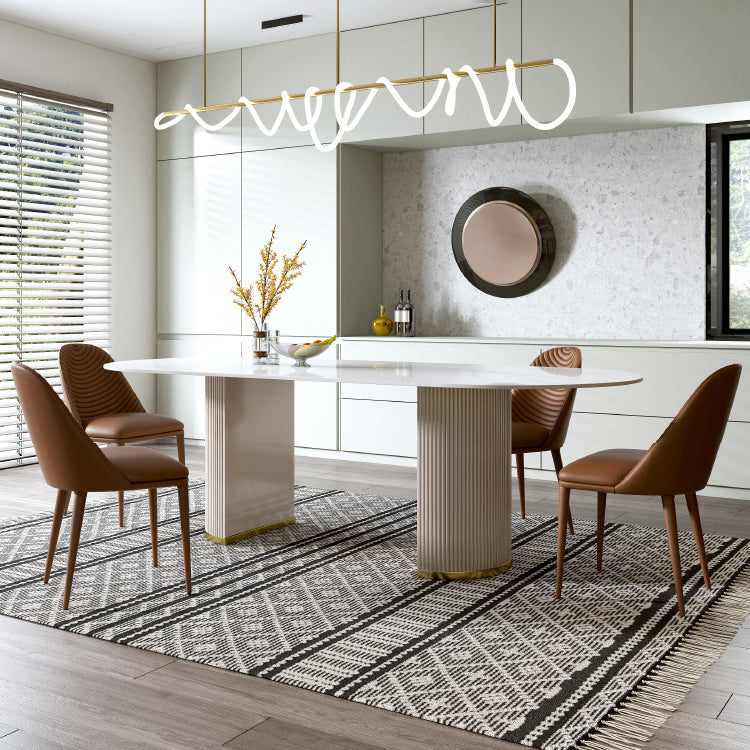 Oval Double Pedestal Glam Dining Table White Tone Fixed Table with Sintered Stone Clearhalo ' dining_table' 'Dining Tables & Seating' 'Dining Tables' 'furn' 'furn_dining_table' 'Furniture' 'furniture_dining_table' 'Kitchen & Dining Furniture' 'kitchen&dining_furn' 'kitchen' 'kitchen_dining_table' 4640379