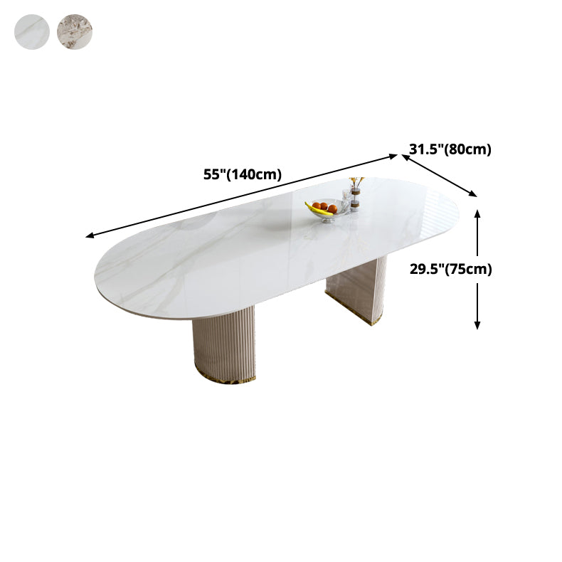 Oval Double Pedestal Glam Dining Table White Tone Fixed Table with Sintered Stone Clearhalo ' dining_table' 'Dining Tables & Seating' 'Dining Tables' 'furn' 'furn_dining_table' 'Furniture' 'furniture_dining_table' 'Kitchen & Dining Furniture' 'kitchen&dining_furn' 'kitchen' 'kitchen_dining_table' 4640380