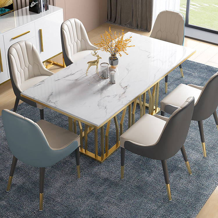 Metal Traditional Luxury Rectangle Dining Table White Top Indoor Table with Pedestal Base Marble 55.1"L x 31.5"W x 29.5"H Without Chairs Clearhalo ' dining_table' 'Dining Tables & Seating' 'Dining Tables' 'furn' 'furn_dining_table' 'Furniture' 'furniture_dining_table' 'Kitchen & Dining Furniture' 'kitchen&dining_furn' 'kitchen' 'kitchen_dining_table' 4640414