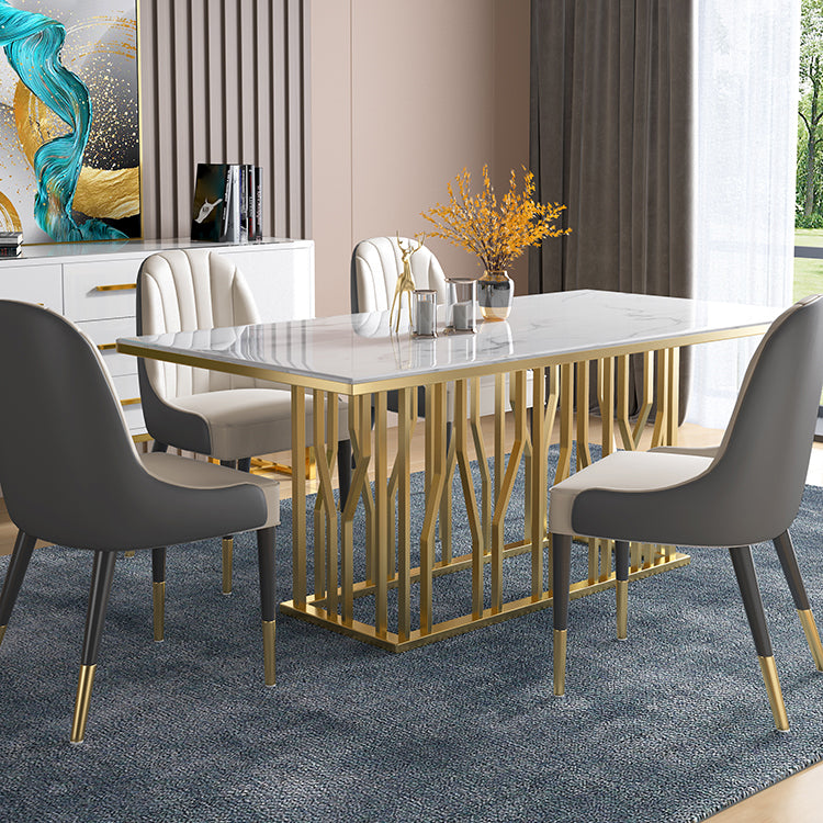Metal Traditional Luxury Rectangle Dining Table White Top Indoor Table with Pedestal Base Marble 63"L x 35.4"W x 29.5"H Without Chairs Clearhalo ' dining_table' 'Dining Tables & Seating' 'Dining Tables' 'furn' 'furn_dining_table' 'Furniture' 'furniture_dining_table' 'Kitchen & Dining Furniture' 'kitchen&dining_furn' 'kitchen' 'kitchen_dining_table' 4640415