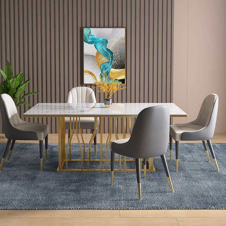 Metal Traditional Luxury Rectangle Dining Table White Top Indoor Table with Pedestal Base Stone 70.9"L x 35.4"W x 29.5"H Without Chairs Clearhalo ' dining_table' 'Dining Tables & Seating' 'Dining Tables' 'furn' 'furn_dining_table' 'Furniture' 'furniture_dining_table' 'Kitchen & Dining Furniture' 'kitchen&dining_furn' 'kitchen' 'kitchen_dining_table' 4640417