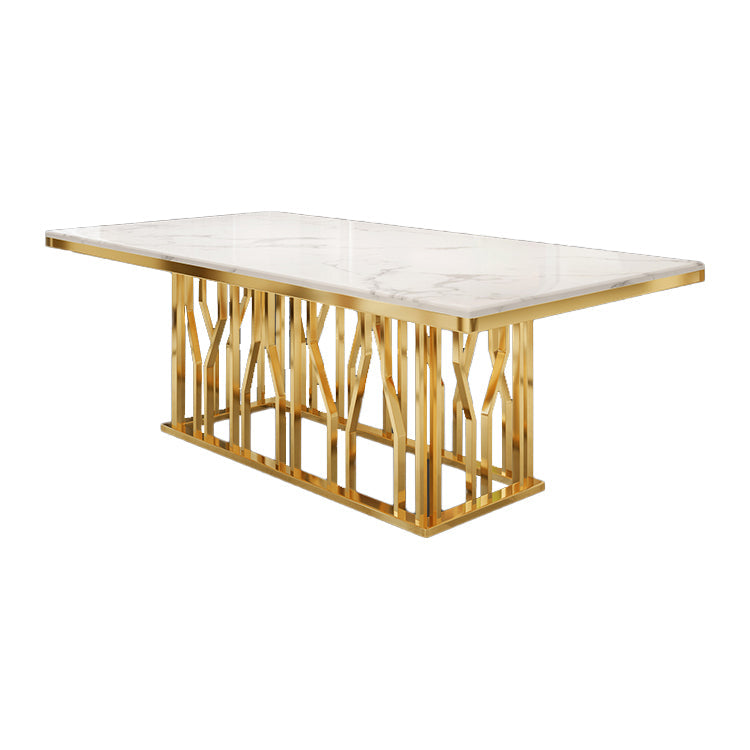 Metal Traditional Luxury Rectangle Dining Table White Top Indoor Table with Pedestal Base Marble 51.2"L x 31.5"W x 29.5"H Without Chairs Clearhalo ' dining_table' 'Dining Tables & Seating' 'Dining Tables' 'furn' 'furn_dining_table' 'Furniture' 'furniture_dining_table' 'Kitchen & Dining Furniture' 'kitchen&dining_furn' 'kitchen' 'kitchen_dining_table' 4640418