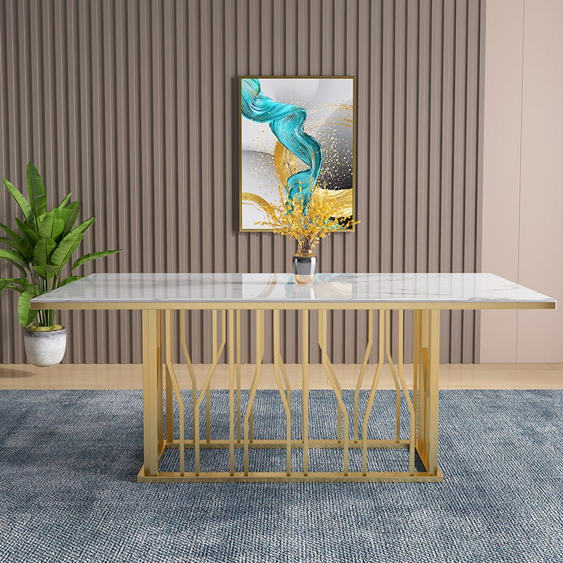 Metal Traditional Luxury Rectangle Dining Table White Top Indoor Table with Pedestal Base Stone 55.1"L x 31.5"W x 29.5"H Without Chairs Clearhalo ' dining_table' 'Dining Tables & Seating' 'Dining Tables' 'furn' 'furn_dining_table' 'Furniture' 'furniture_dining_table' 'Kitchen & Dining Furniture' 'kitchen&dining_furn' 'kitchen' 'kitchen_dining_table' 4640419