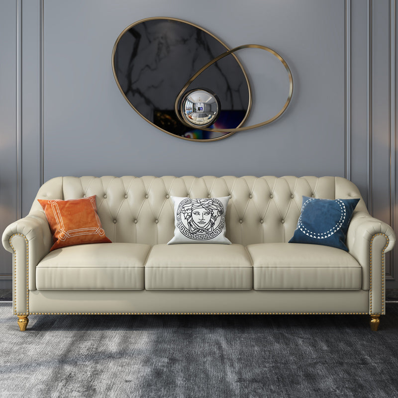 Beige 34.65" H Rolled Arm Glam Sofa with Nailhead Trim for Living Room 87"L x 33.5"W x 35.5"H Genuine Leather Clearhalo 'furn' 'furn_sofas' 'Furniture' 'furniture_sofas' 'kitchen' 'kitchen_sofas' 'Living Room Furniture' 'Sofa' 'sofas' 4647710