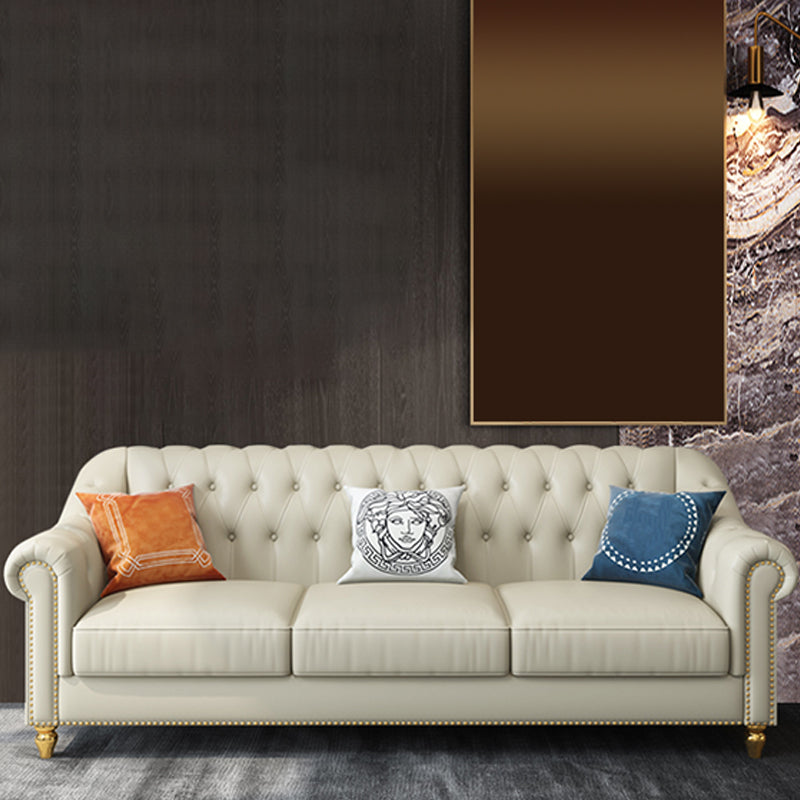 Beige 34.65" H Rolled Arm Glam Sofa with Nailhead Trim for Living Room 87"L x 33.5"W x 35.5"H Leather Clearhalo 'furn' 'furn_sofas' 'Furniture' 'furniture_sofas' 'kitchen' 'kitchen_sofas' 'Living Room Furniture' 'Sofa' 'sofas' 4647712