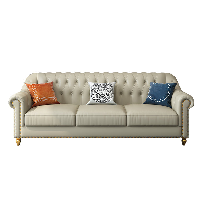Beige 34.65" H Rolled Arm Glam Sofa with Nailhead Trim for Living Room Clearhalo 'furn' 'furn_sofas' 'Furniture' 'furniture_sofas' 'kitchen' 'kitchen_sofas' 'Living Room Furniture' 'Sofa' 'sofas' 4647714