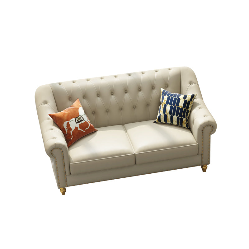 Beige 34.65" H Rolled Arm Glam Sofa with Nailhead Trim for Living Room 63"L x 33"W x 35.5"H Clearhalo 'furn' 'furn_sofas' 'Furniture' 'furniture_sofas' 'kitchen' 'kitchen_sofas' 'Living Room Furniture' 'Sofa' 'sofas' 4647715