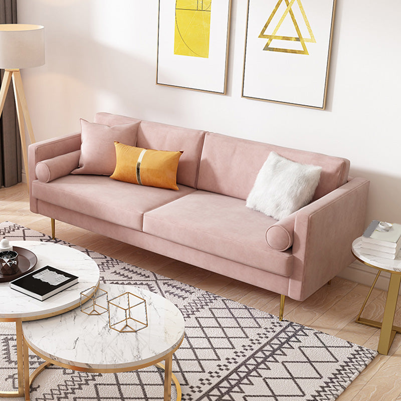 Mid-Century Modern Velvet Loose Back Sofa 31.5" H Square Arm Settee 59"L x 31.5"W x 31.5"H Pink Clearhalo 'furn' 'furn_sofas' 'Furniture' 'furniture_sofas' 'kitchen' 'kitchen_sofas' 'Living Room Furniture' 'Sofa' 'sofas' 4647988