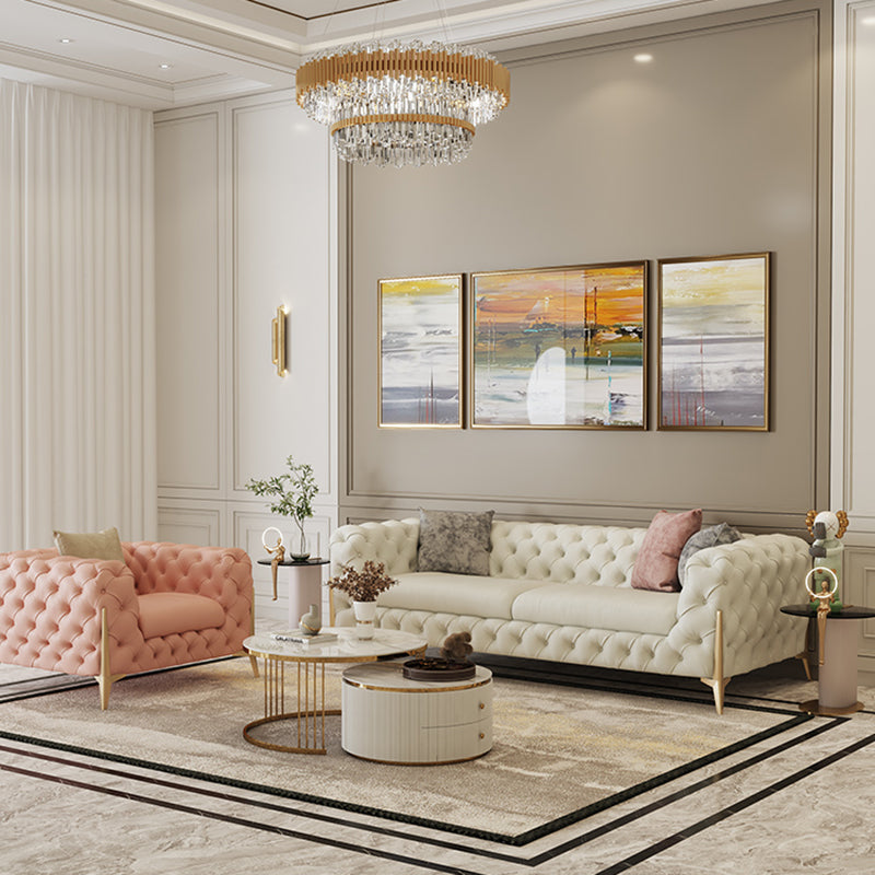 27.95"H Contemporary Glam Leather Beige Tuxedo Arm Sofa For Living Room Clearhalo 'furn' 'furn_sofas' 'Furniture' 'furniture_sofas' 'kitchen' 'kitchen_sofas' 'Living Room Furniture' 'Sofa' 'sofas' 4648396