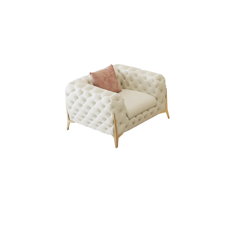 27.95"H Contemporary Glam Leather Beige Tuxedo Arm Sofa For Living Room 48"L x 38"W x 28"H Clearhalo 'furn' 'furn_sofas' 'Furniture' 'furniture_sofas' 'kitchen' 'kitchen_sofas' 'Living Room Furniture' 'Sofa' 'sofas' 4648402