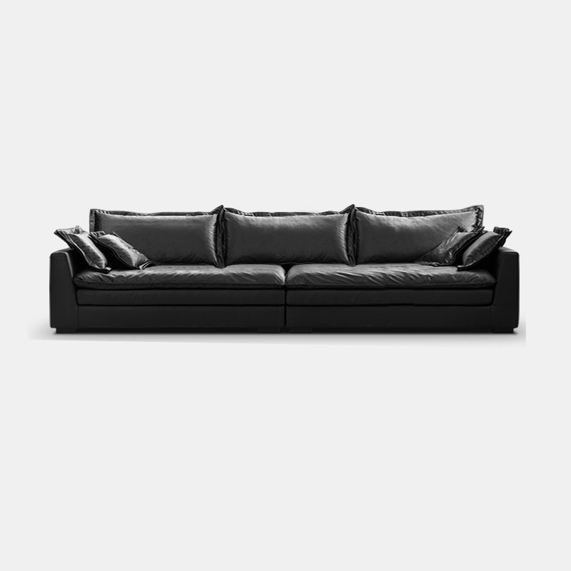 Black Contemporary Faux Leather Tuxedo Arm Sofa with Bolster Pillows for Living Room 134"L x 47"W x 24"H Clearhalo 'furn' 'furn_sofas' 'Furniture' 'furniture_sofas' 'kitchen' 'kitchen_sofas' 'Living Room Furniture' 'Sofa' 'sofas' 4648422