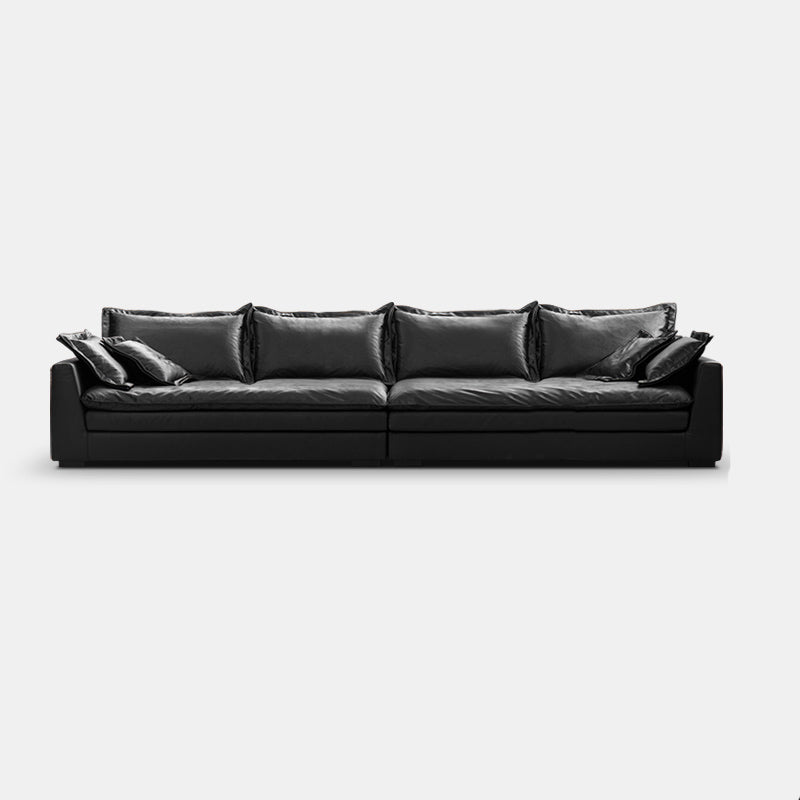 Black Contemporary Faux Leather Tuxedo Arm Sofa with Bolster Pillows for Living Room 150"L x 47"W x 24"H Clearhalo 'furn' 'furn_sofas' 'Furniture' 'furniture_sofas' 'kitchen' 'kitchen_sofas' 'Living Room Furniture' 'Sofa' 'sofas' 4648433
