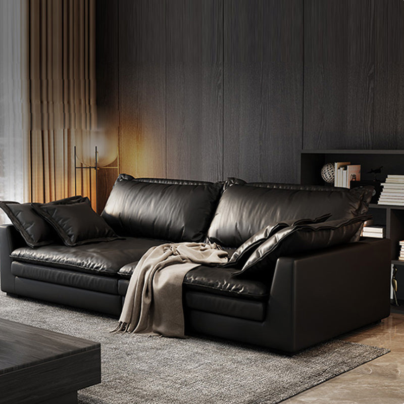 Black Stain Resistant Contemporary Faux Leather Square Arm Sofa with Bolster Pillows 110"L x 39"W x 35.5"H Clearhalo 'furn' 'furn_sofas' 'Furniture' 'furniture_sofas' 'kitchen' 'kitchen_sofas' 'Living Room Furniture' 'Sofa' 'sofas' 4648519