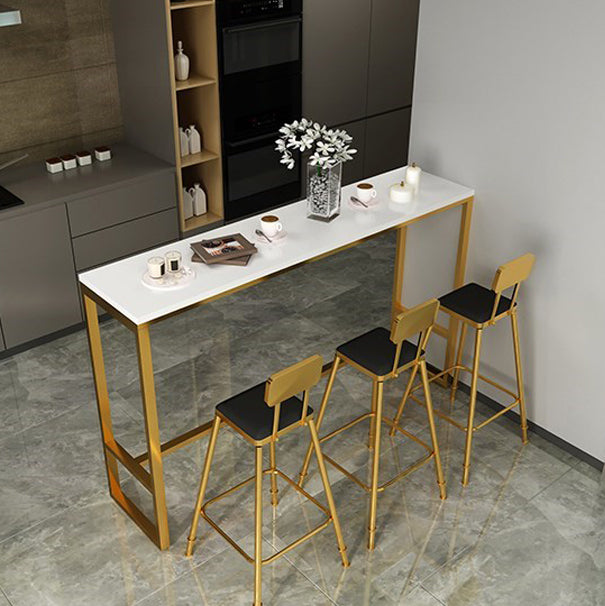 Marble & Wood Bar Dining Table with Rectangle Table Top Trestle Table - 41.3" H White-Gold Wood Clearhalo 'Bar Furniture' 'Bar Tables' 'bar_tables' 'furn' 'furn_bar_tables' 'Furniture' 'furniture_bar_tables' 'Kitchen & Dining Furniture' 'kitchen&dining_furn' 'kitchen' 4653653