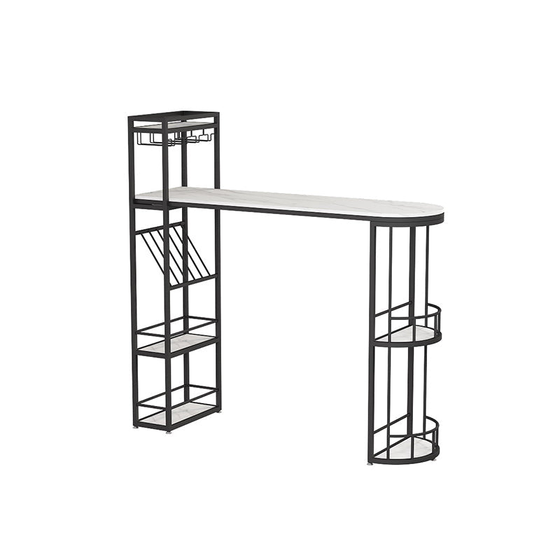 White Marble Bar Table with Specialty Table Top Double Pedestal Table- 41.3" H White-Black Without Chairs Clearhalo 'Bar Furniture' 'Bar Tables' 'bar_tables' 'furn' 'furn_bar_tables' 'Furniture' 'furniture_bar_tables' 'Kitchen & Dining Furniture' 4653716