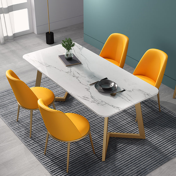 Nordic Glam Style 1/4/5 Pieces Dining Sintered Stone Dining Table Set with Metal Legs 5 Pieces: Table, 4 Orange Chairs Clearhalo 'Dining Room Sets' 'Dining Tables & Seating' 'dining_room_set' 'furn' 'furn_dining_room_set' 'Furniture' 'furniture_dining_room_set' 'Kitchen & Dining Furniture' 'kitchen&dining_furn' 'kitchen' 4654885