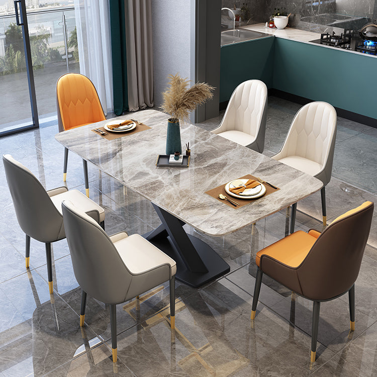 Stone Dining Room Collection Traditional Luxury Pedestal Casual Dining Table Light Gray-Black 55.1"L x 31.5"W x 29.5"H Without Chairs Clearhalo ' dining_table' 'Dining Tables & Seating' 'Dining Tables' 'furn' 'furn_dining_table' 'Furniture' 'furniture_dining_table' 'Kitchen & Dining Furniture' 'kitchen&dining_furn' 'kitchen' 'kitchen_dining_table' 4655166